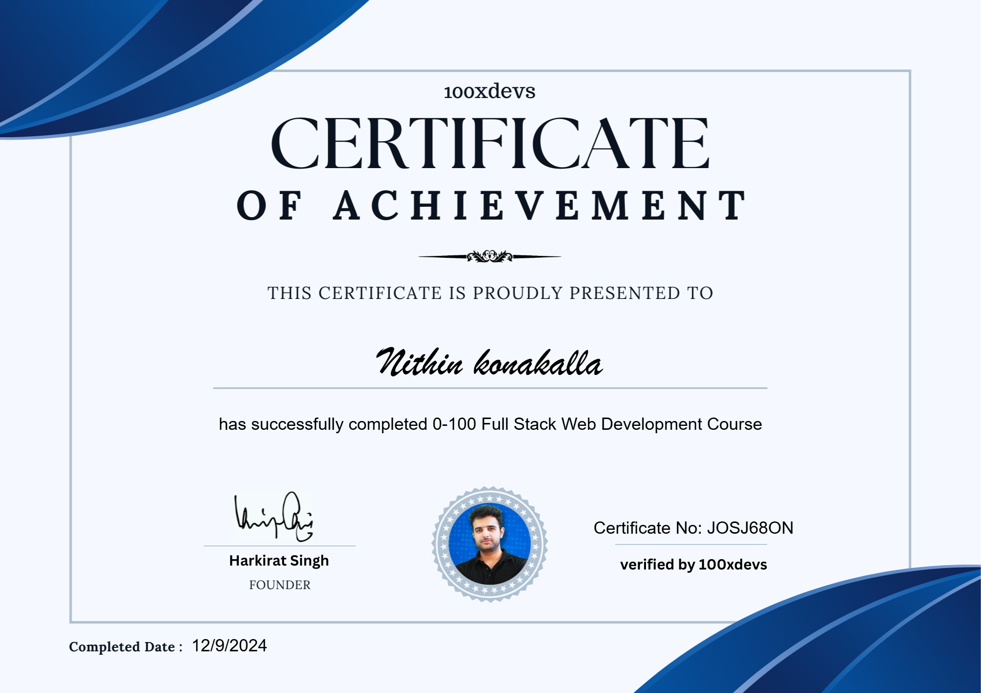 Full Stack Web Development certificate